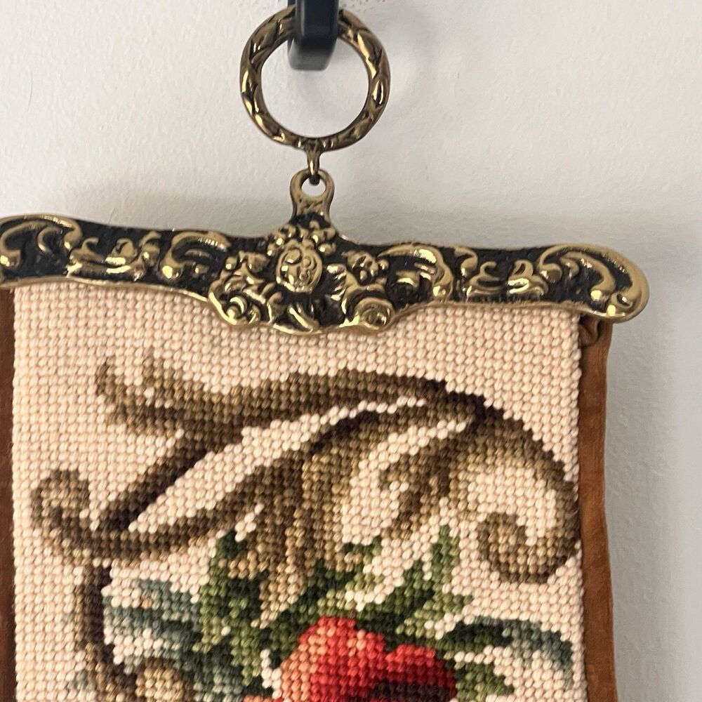 Vtg 7Os Poppies Needlepoint Bell Pull Wall Hanging Tapestry Brass Hardware - Picture 11 of 16